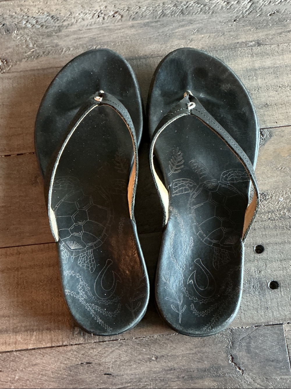 OluKai Black Leather honu Thong Sandals with Subtle Embossed Footbed